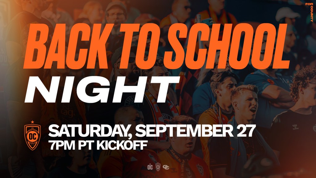Back to School Night on September 27th at the Orange County SC match at 7 pm PT graphic